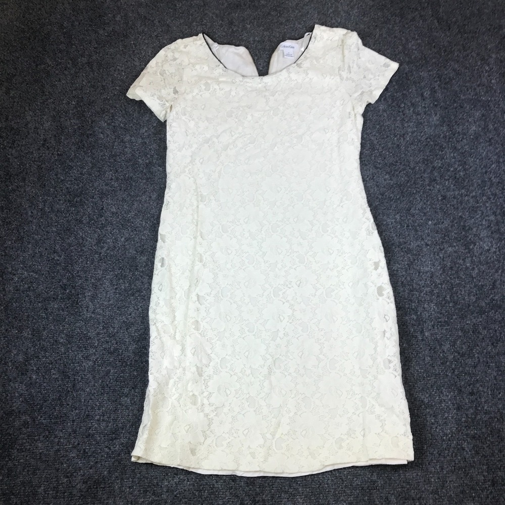Calvin Klein Shift Dress Women Small Beige Lace Round Neck Lined Cotton Back Zip